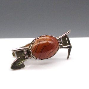 Vintage Miner Tie Clip, Banded Agate Cabochon with Silver Tone Crossed Pick Axe